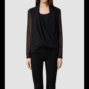 NWT AllSaints Black “Abi” High-Low Silk Asymmetric Draped Top Size 2